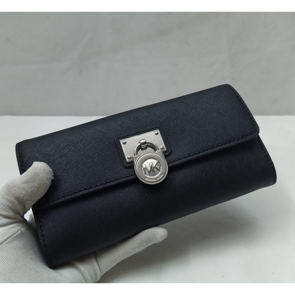 Michael Kors Hamilton Black Leather Lock Credit Card Bifold Wallet - Picture 8 of 16